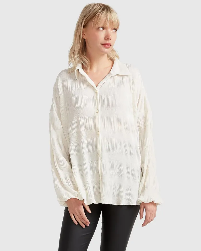 Women Tops Belle and Bloom Serenade Velvet Plisse Shirt 8211 OffWhite