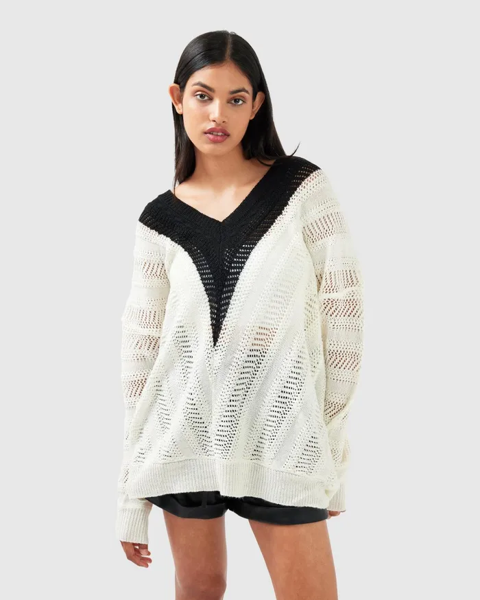Women Tops Belle and Bloom This Moment Oversized VNeck Knit 8211 BlackWhite