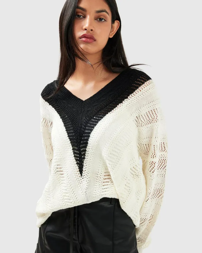 Women Tops Belle and Bloom This Moment Oversized VNeck Knit 8211 BlackWhite
