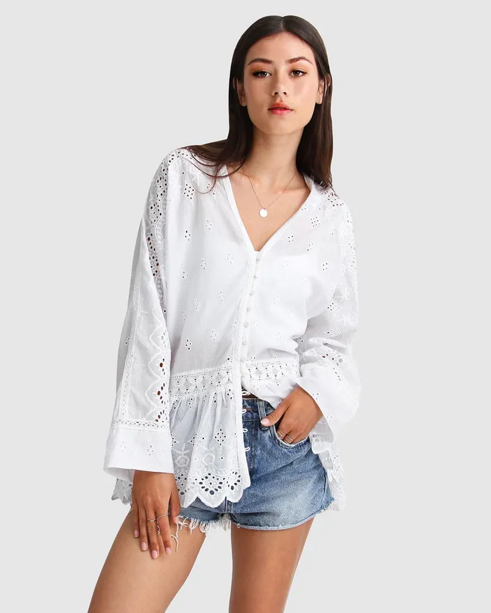 Women Tops Belle and Bloom Unbutton Me Eyelet Button Down Shirt 8211 White