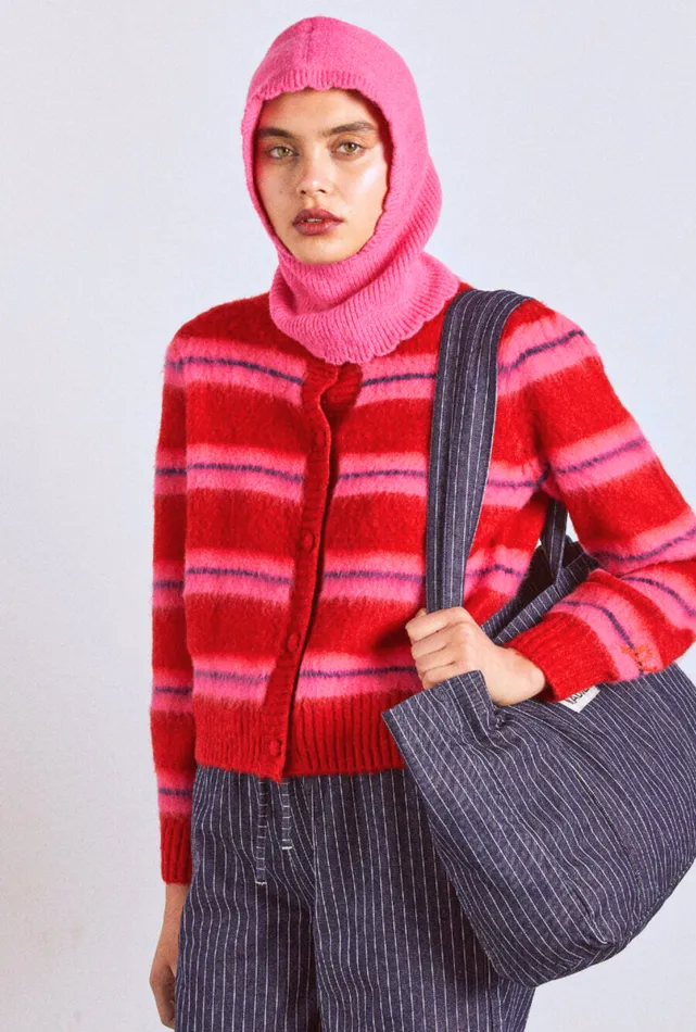 Women Tops Damson Madder Cece Stripe Cardigan 8211 Red and Pink Stripe