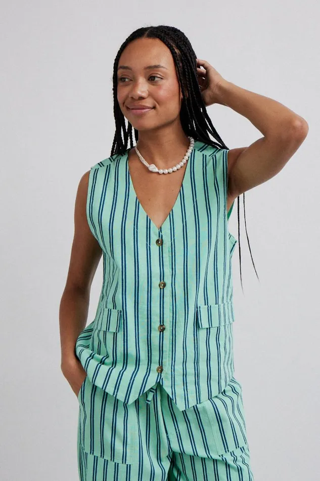 Women Tops Damson Madder Coco Oversized Waistcoat 8211 Mint Stripe