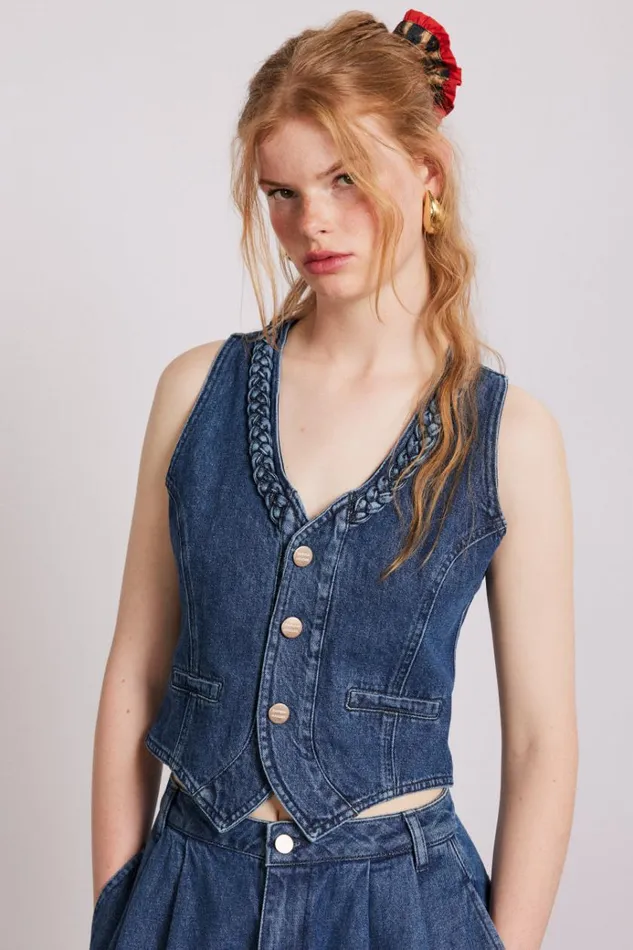 Women Tops Damson Madder Isla Denim Waistcoat 8211 Vintage Wash