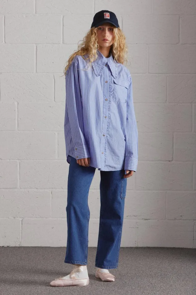 Women Tops Damson Madder Kendall Ruffle Shirt 8211 Blue Stripe