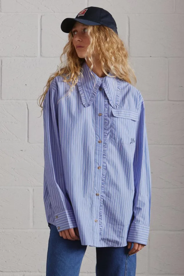 Women Tops Damson Madder Kendall Ruffle Shirt 8211 Blue Stripe