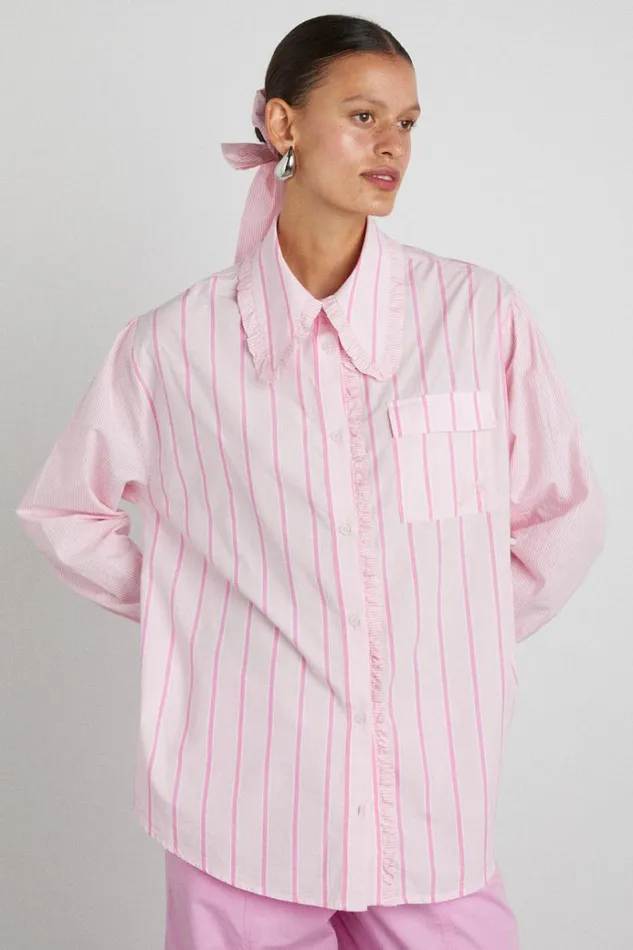 Women Tops Damson Madder Kendall Ruffle Shirt 8211 Pink Stripe Mix