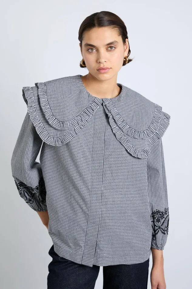 Women Tops Damson Madder Lois Double Collar Blouse 8211 Black Gingham