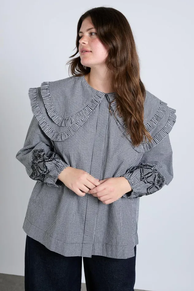 Women Tops Damson Madder Lois Double Collar Blouse 8211 Black Gingham
