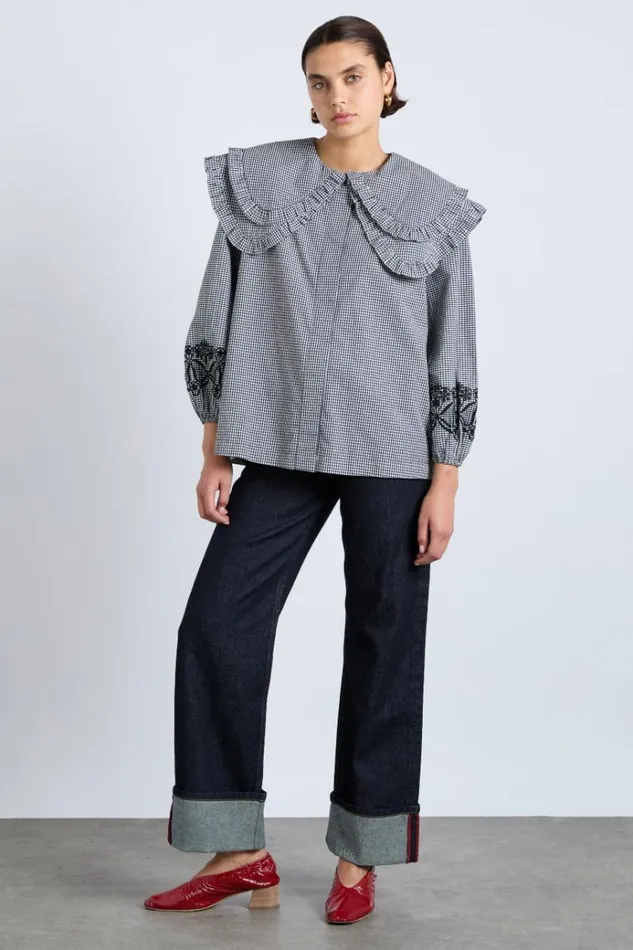 Women Tops Damson Madder Lois Double Collar Blouse 8211 Black Gingham