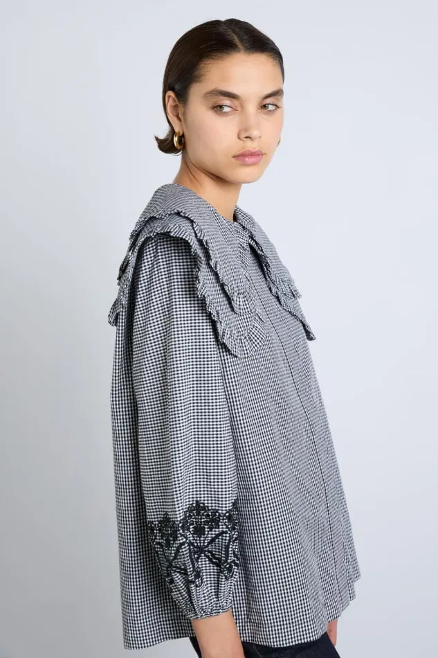 Women Tops Damson Madder Lois Double Collar Blouse 8211 Black Gingham
