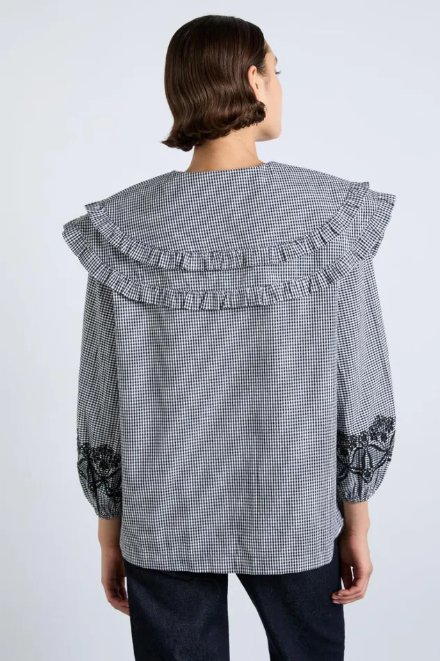 Women Tops Damson Madder Lois Double Collar Blouse 8211 Black Gingham