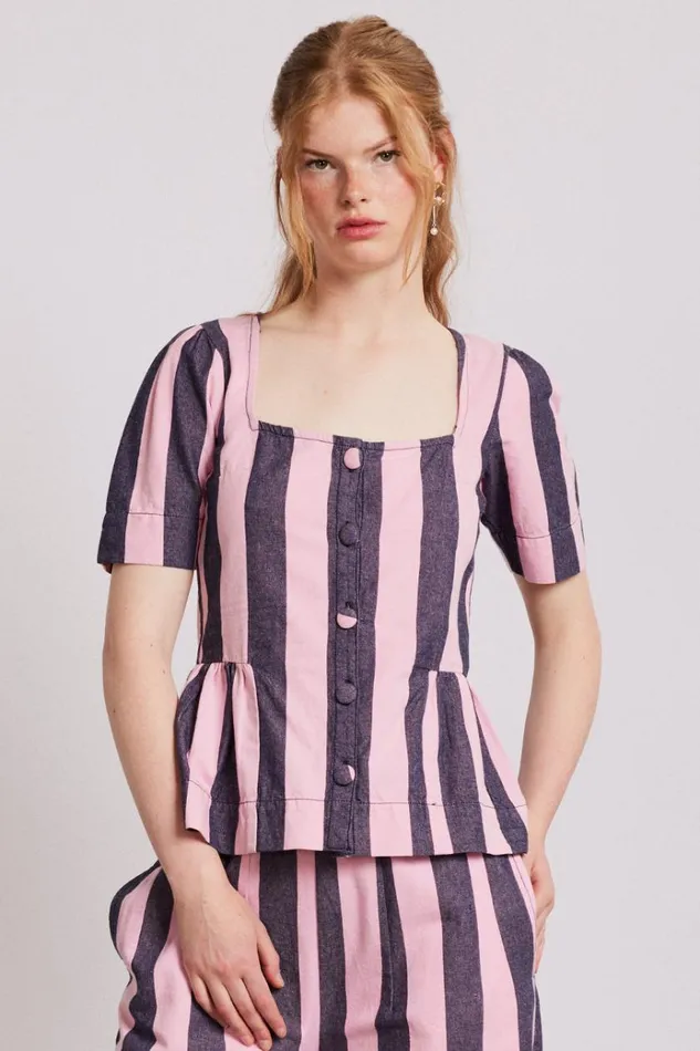 Women Tops Damson Madder Philly Peplum Blouse 8211 Pink Blue Stripe