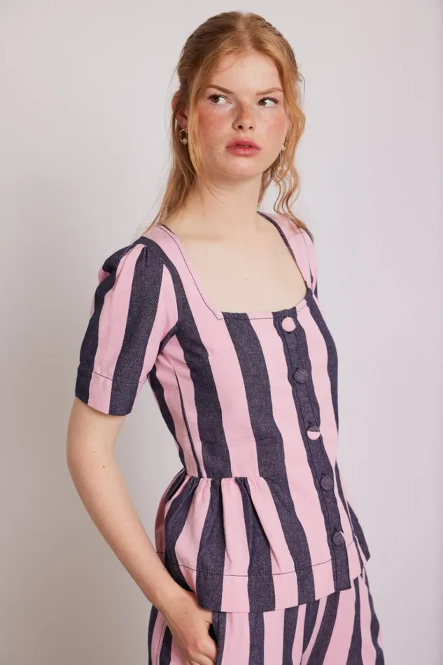 Women Tops Damson Madder Philly Peplum Blouse 8211 Pink Blue Stripe