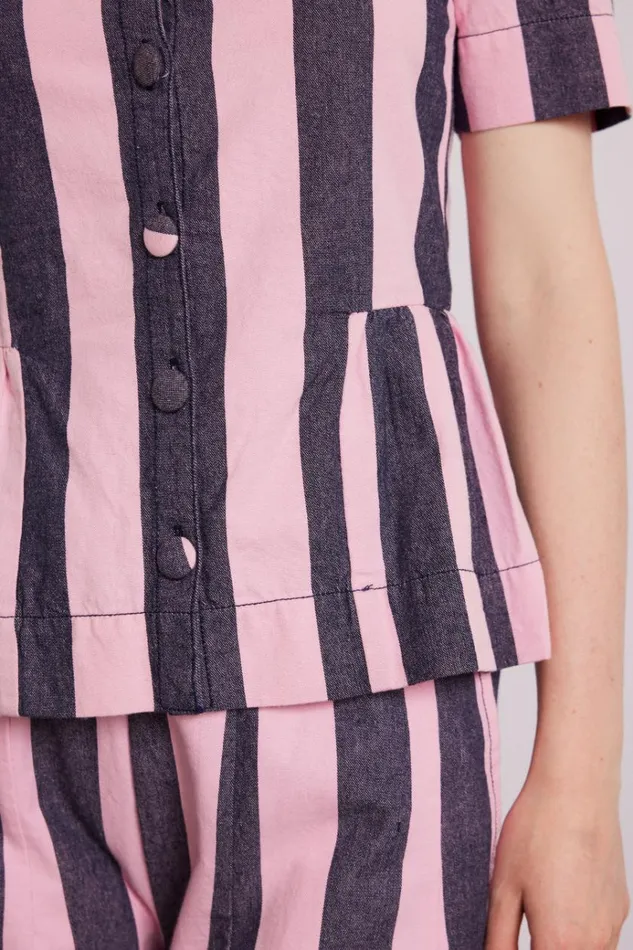 Women Tops Damson Madder Philly Peplum Blouse 8211 Pink Blue Stripe