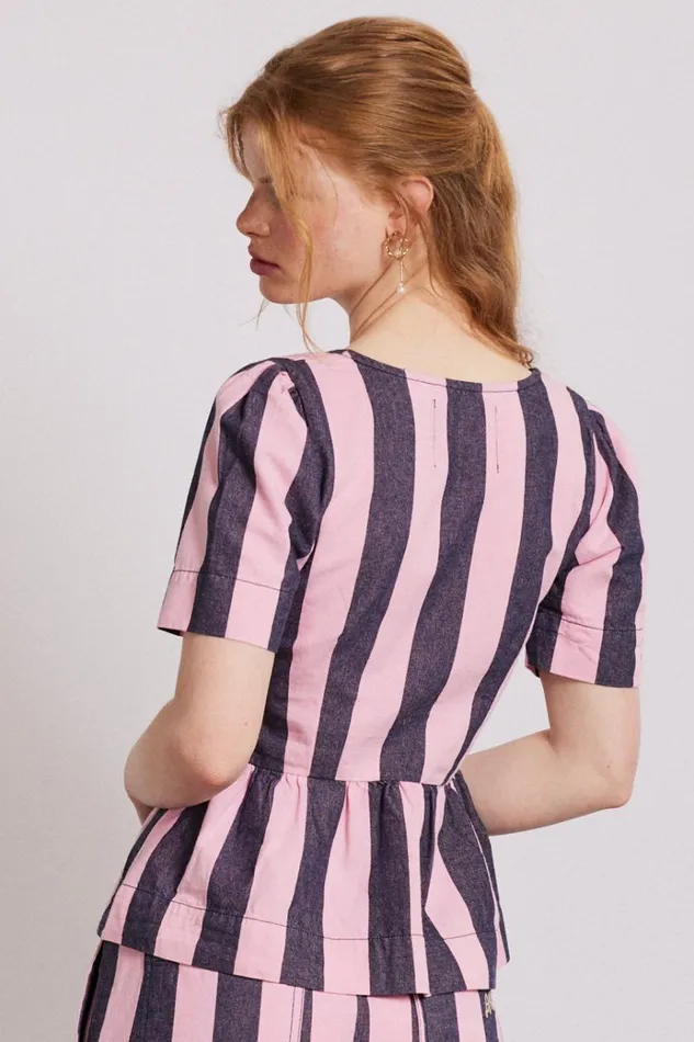 Women Tops Damson Madder Philly Peplum Blouse 8211 Pink Blue Stripe