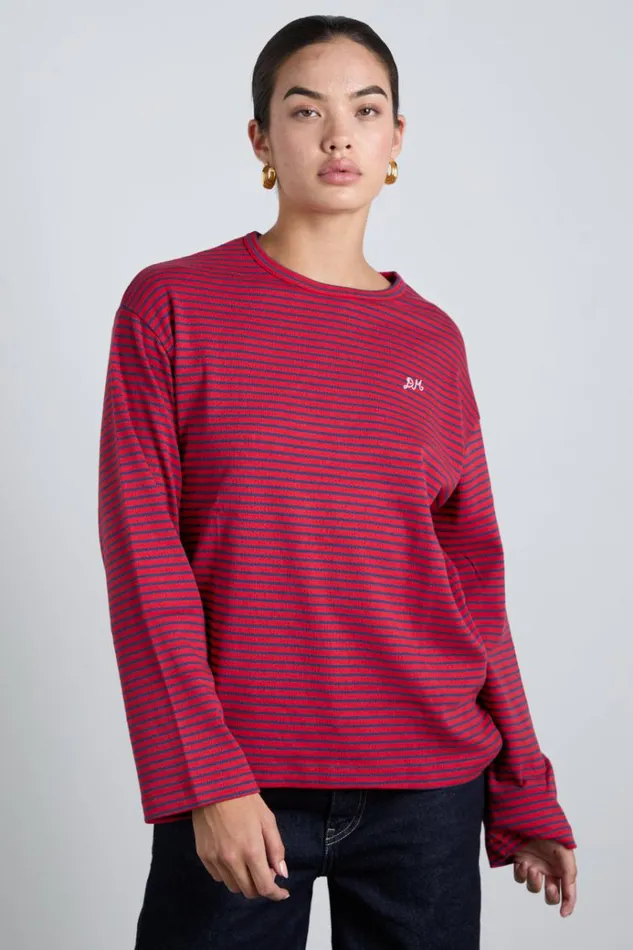 Women Tops Damson Madder Red And Navy Stripe Long Sleeve Top