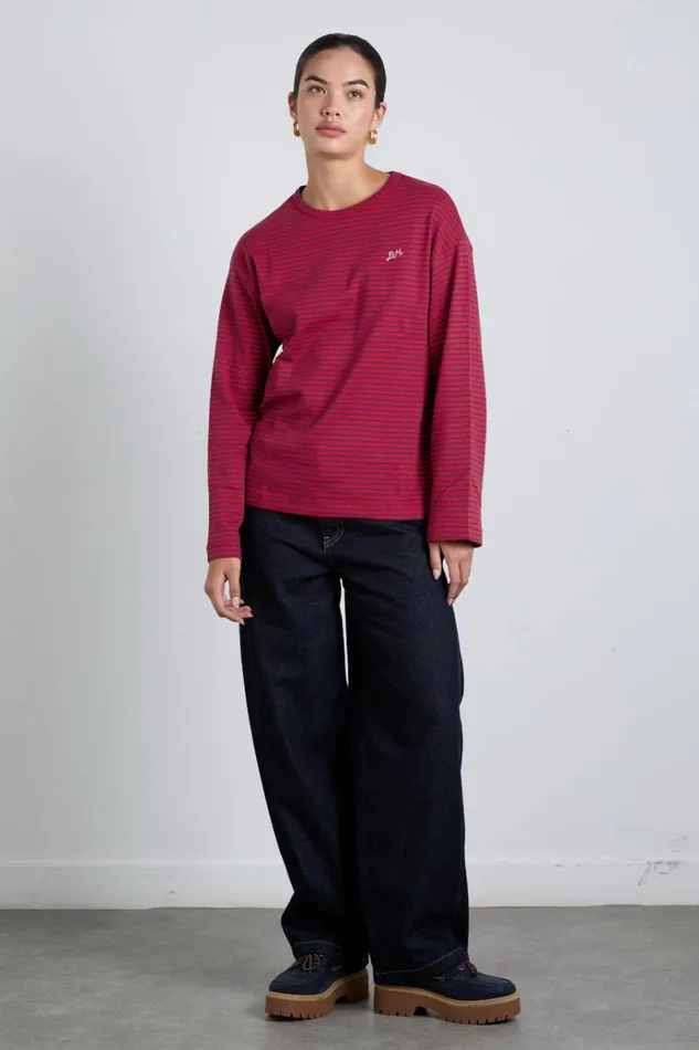 Women Tops Damson Madder Red And Navy Stripe Long Sleeve Top