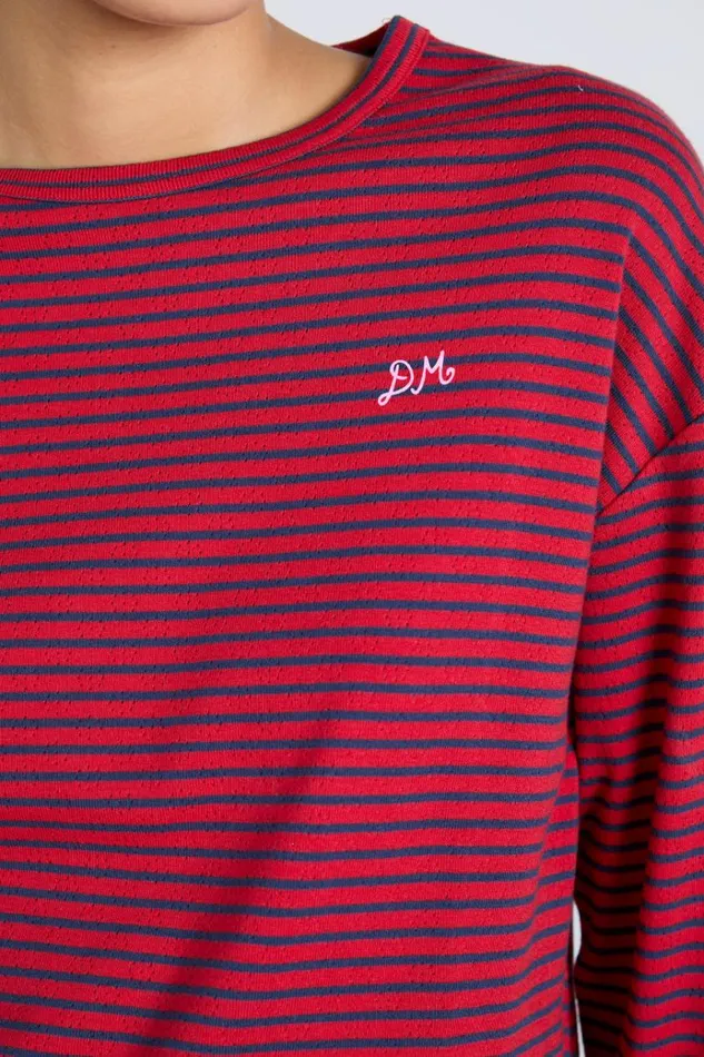 Women Tops Damson Madder Red And Navy Stripe Long Sleeve Top