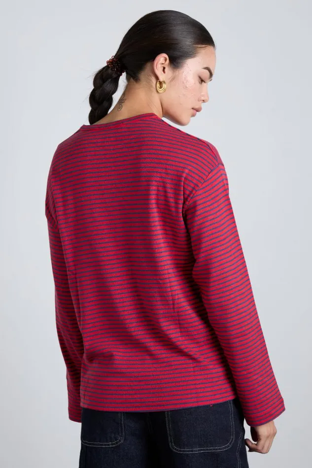 Women Tops Damson Madder Red And Navy Stripe Long Sleeve Top