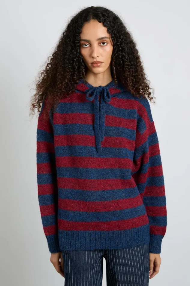 Women Tops Damson Madder Riley Knit Hoodie 8211 Red Navy Stripe