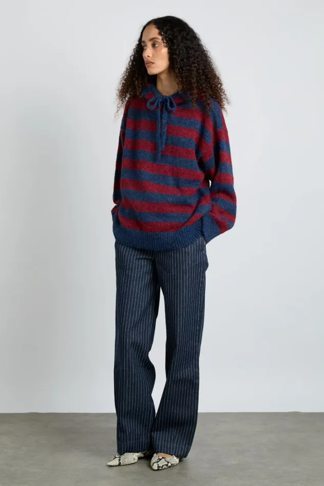 Women Tops Damson Madder Riley Knit Hoodie 8211 Red Navy Stripe