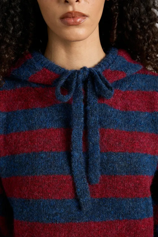 Women Tops Damson Madder Riley Knit Hoodie 8211 Red Navy Stripe