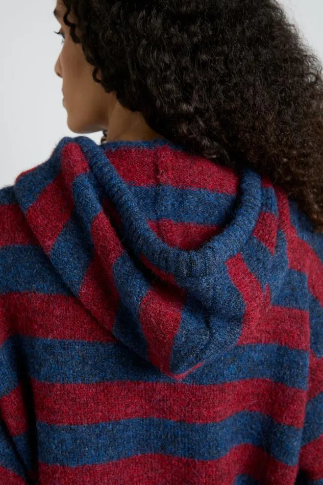 Women Tops Damson Madder Riley Knit Hoodie 8211 Red Navy Stripe