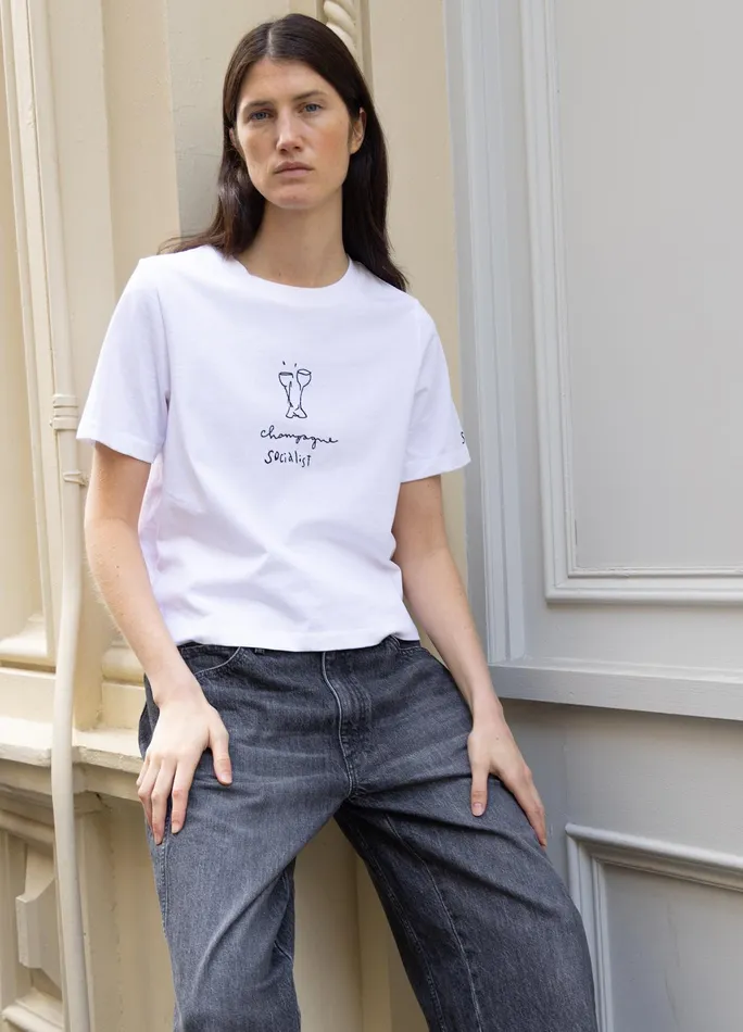 Women Tops Sea New York Champagne TShirt White
