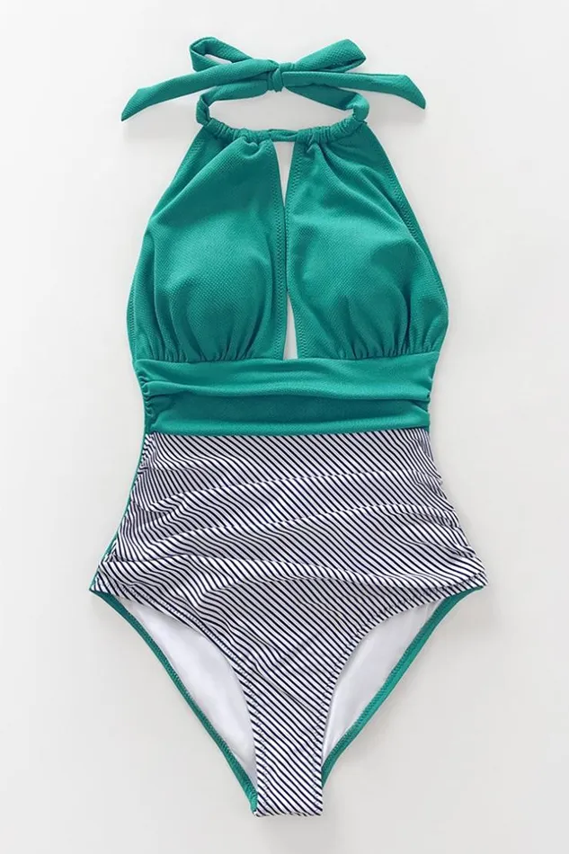 Women Tummy Control Swimsuits Cupshe Aqua Textured And Striped Halter One Piece Swimsuit Aqua