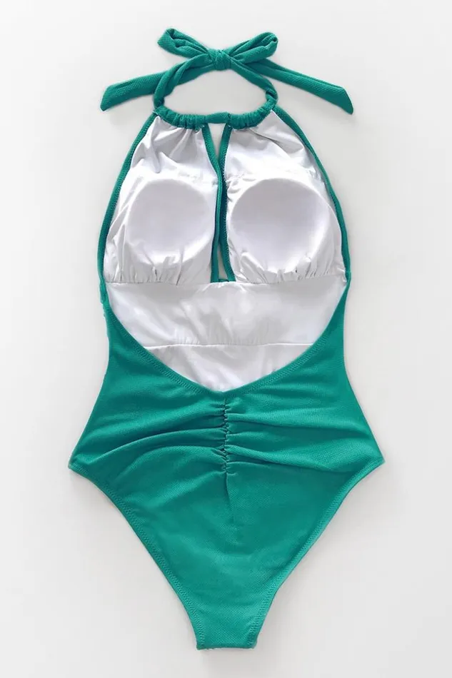 Women Tummy Control Swimsuits Cupshe Aqua Textured And Striped Halter One Piece Swimsuit Aqua