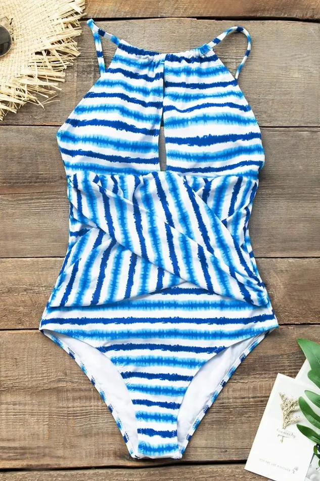 Women Tummy Control Swimsuits Cupshe Blue Watercolor Stripe One Piece Swimsuit Blue