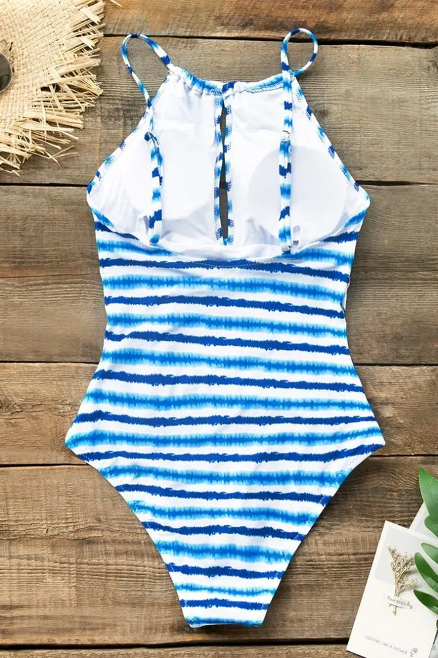 Women Tummy Control Swimsuits Cupshe Blue Watercolor Stripe One Piece Swimsuit Blue