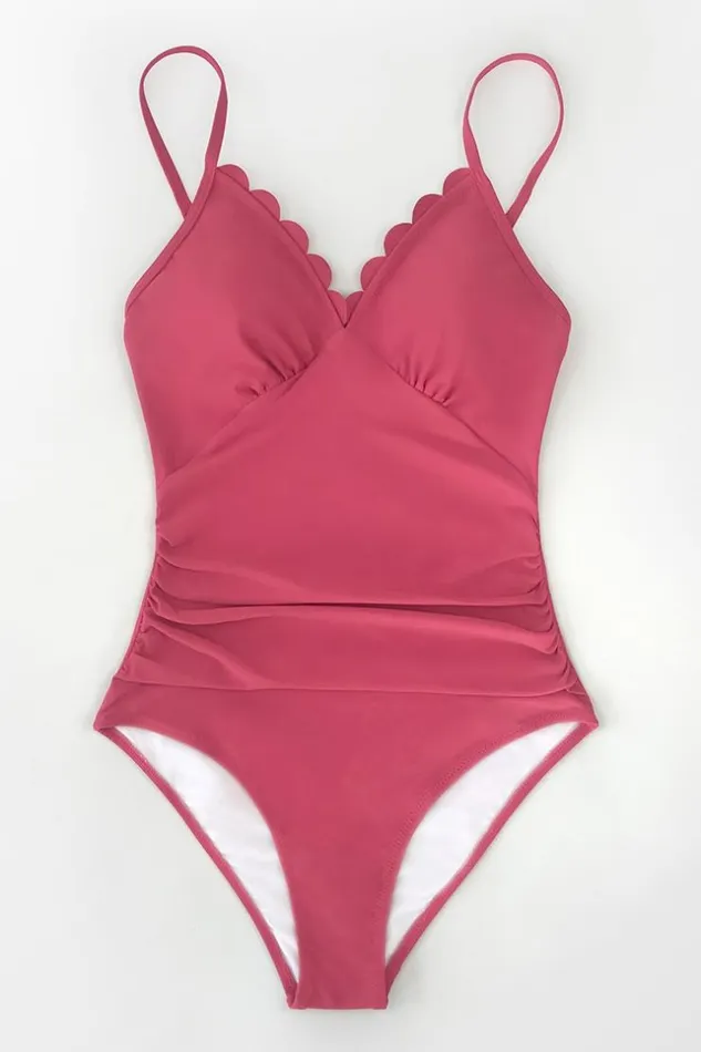 Women Tummy Control Swimsuits Cupshe Dark Coral Scallop Trimmed One Piece Swimsuit Dark Coral