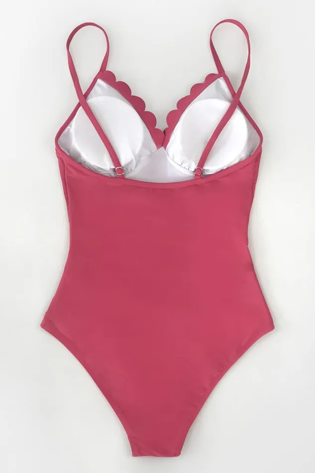 Women Tummy Control Swimsuits Cupshe Dark Coral Scallop Trimmed One Piece Swimsuit Dark Coral