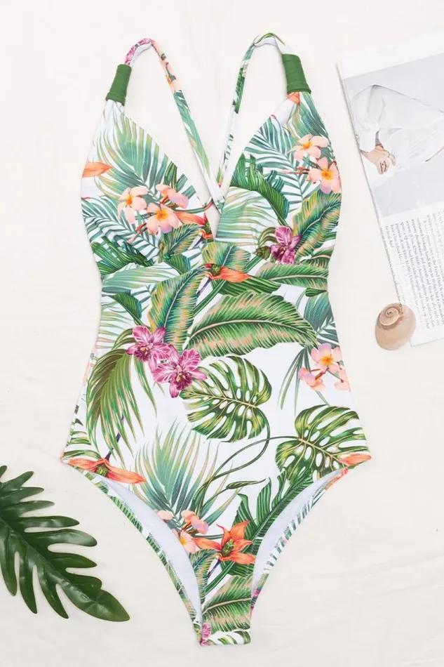 Women Tummy Control Swimsuits Cupshe Esme Tropical Crisscross One Piece Swimsuit Green