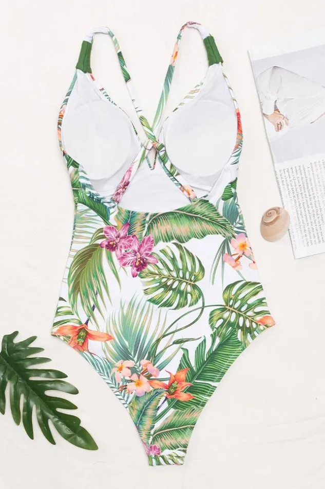 Women Tummy Control Swimsuits Cupshe Esme Tropical Crisscross One Piece Swimsuit Green