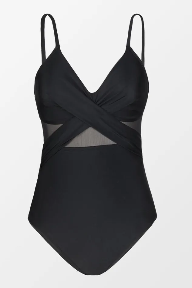 Women Tummy Control Swimsuits Cupshe Forest Adventure Solid Mesh Wrap Front Cutout One Piece Swimsuit Black