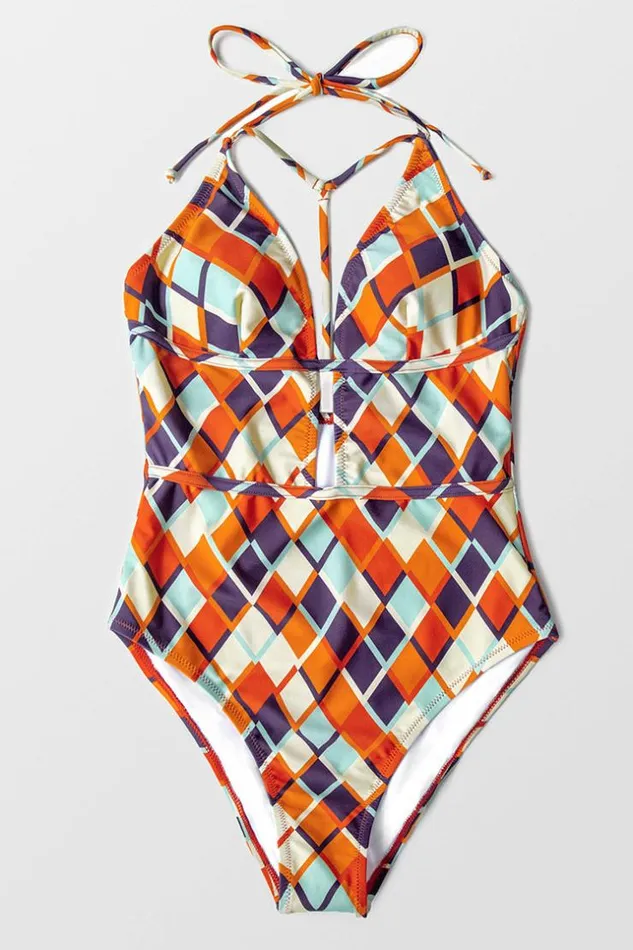 Women Tummy Control Swimsuits Cupshe Geometric Print Plunging Neckline One Piece Swimsuit Multicolor