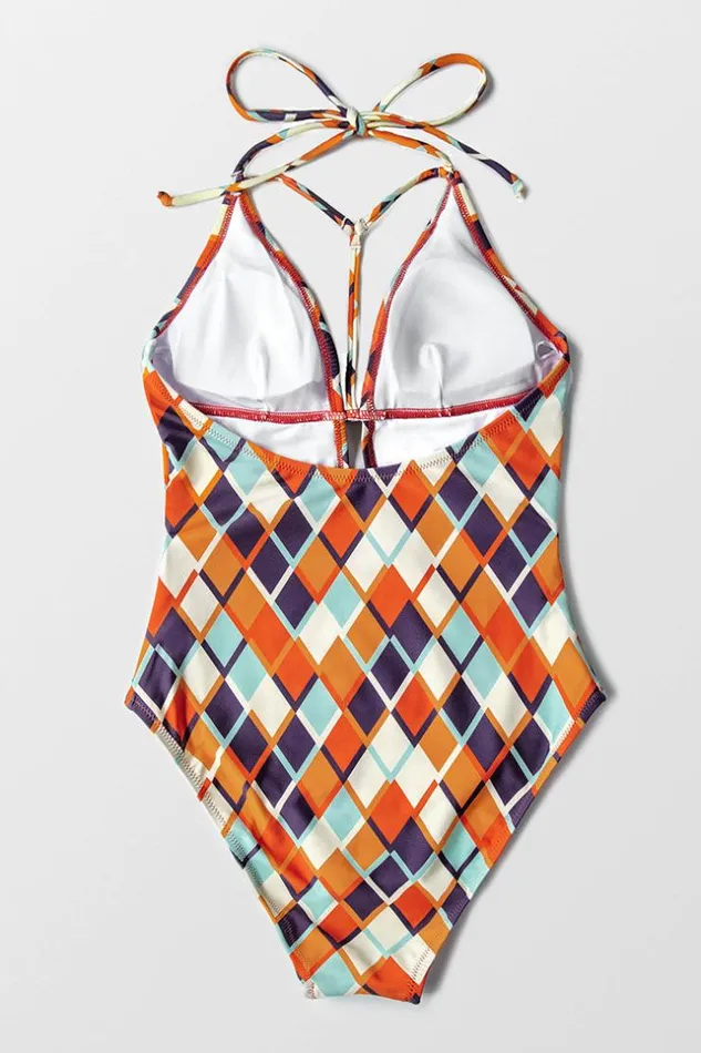 Women Tummy Control Swimsuits Cupshe Geometric Print Plunging Neckline One Piece Swimsuit Multicolor