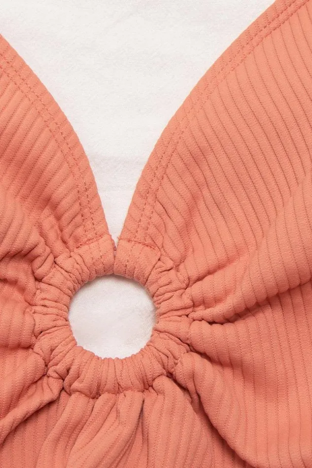 Women Tummy Control Swimsuits Cupshe Ribbed Sunburst Rib ORing Front One Piece Swimsuit Orange
