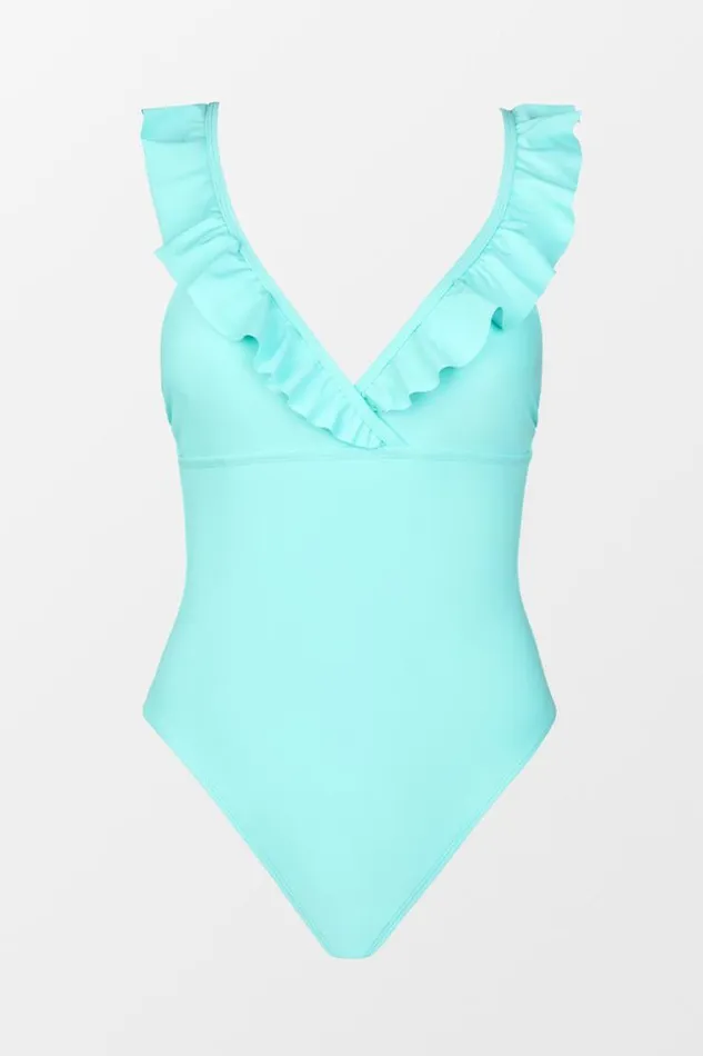 Women Tummy Control Swimsuits Cupshe St Tropez Ruffled VNeck One Piece Swimsuit Blue