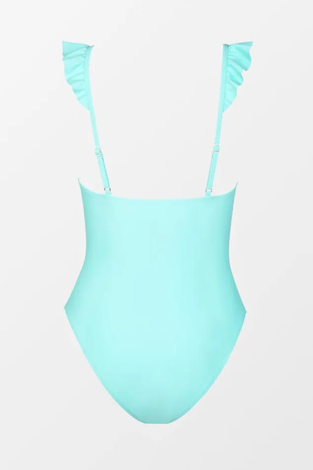 Women Tummy Control Swimsuits Cupshe St Tropez Ruffled VNeck One Piece Swimsuit Blue