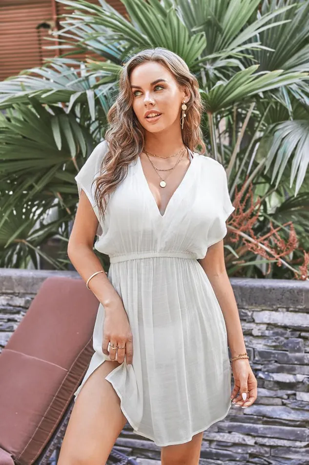 Women Tunic Cover Ups Cupshe Iren Vneck Short Sleeve Cover Up White