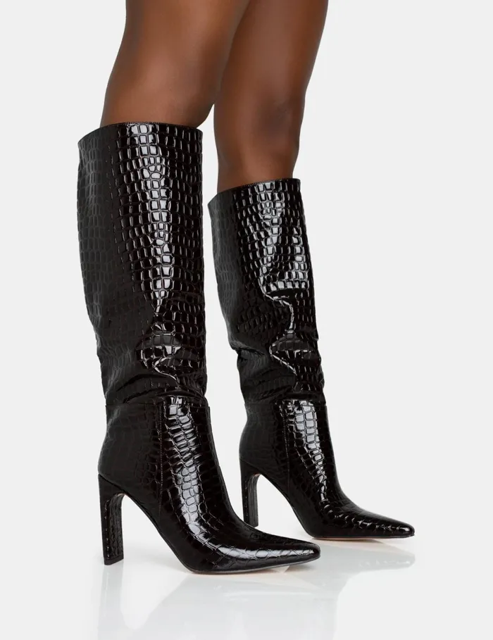 Women Undone Brown Patent Croc Knee High Zip Up Pointed Toe Thin Block Heeled Boots Brown Public Desire Long Boots Women Undone Brown Patent Croc Knee High Zip Up Pointed Toe Thin Block Heeled Boots Brown Public Desire Long Boots