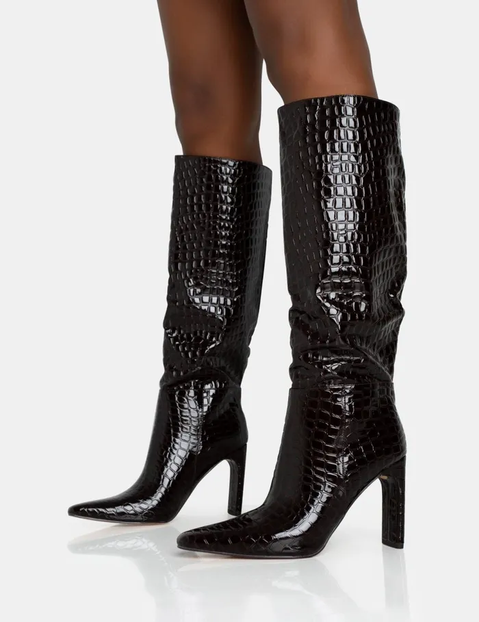 Women Undone Brown Patent Croc Knee High Zip Up Pointed Toe Thin Block Heeled Boots Brown Public Desire Long Boots Women Undone Brown Patent Croc Knee High Zip Up Pointed Toe Thin Block Heeled Boots Brown Public Desire Long Boots