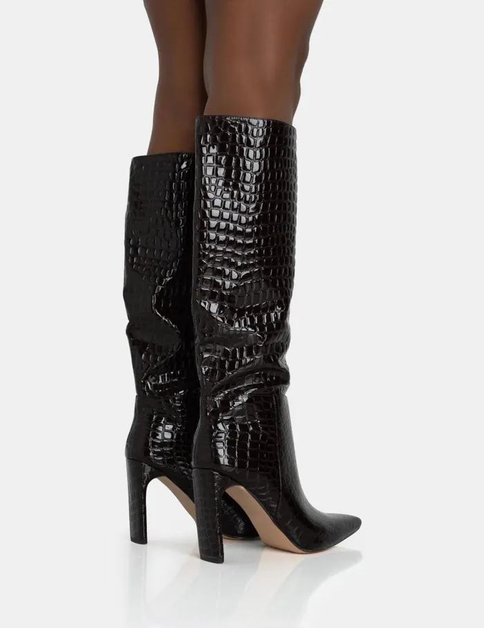 Women Undone Brown Patent Croc Knee High Zip Up Pointed Toe Thin Block Heeled Boots Brown Public Desire Long Boots Women Undone Brown Patent Croc Knee High Zip Up Pointed Toe Thin Block Heeled Boots Brown Public Desire Long Boots