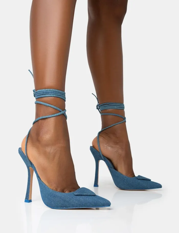 Women Vada Blue Denim Slingback Lace Up Pointed Toe Stiletto Heels Blue Public Desire Festival Women Vada Blue Denim Slingback Lace Up Pointed Toe Stiletto Heels Blue Public Desire Festival