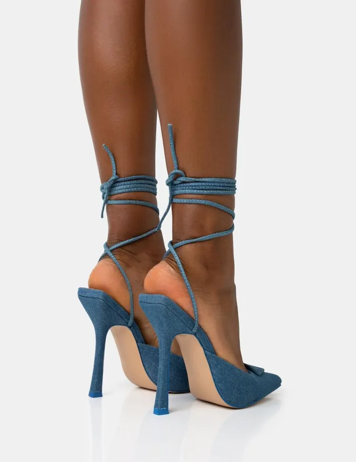 Women Vada Blue Denim Slingback Lace Up Pointed Toe Stiletto Heels Blue Public Desire Festival