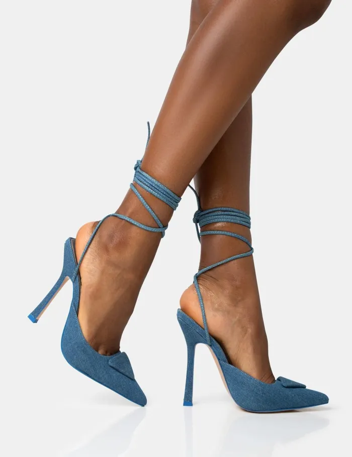 Women Vada Blue Denim Slingback Lace Up Pointed Toe Stiletto Heels Blue Public Desire Festival