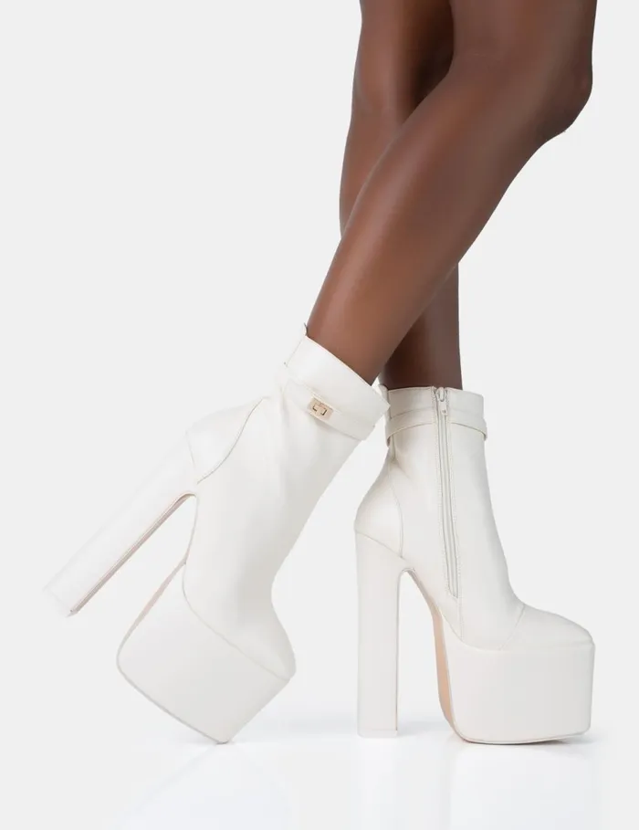 Women Vally Ecru PU Extreme Platform Square Rounded Toe Block Heeled Ankle Boots Neutral Public Desire Ankle Boots
